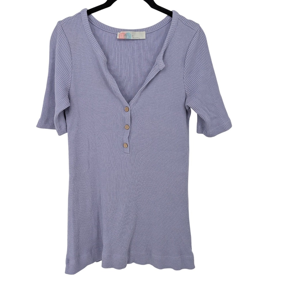 Free People FP Beach Henley Top Women Small Purple Ribbed Short Sleeve Cotton